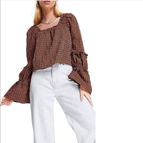 Topshop check tiered sleeve top size 4, NWT - Picture 1 of 5